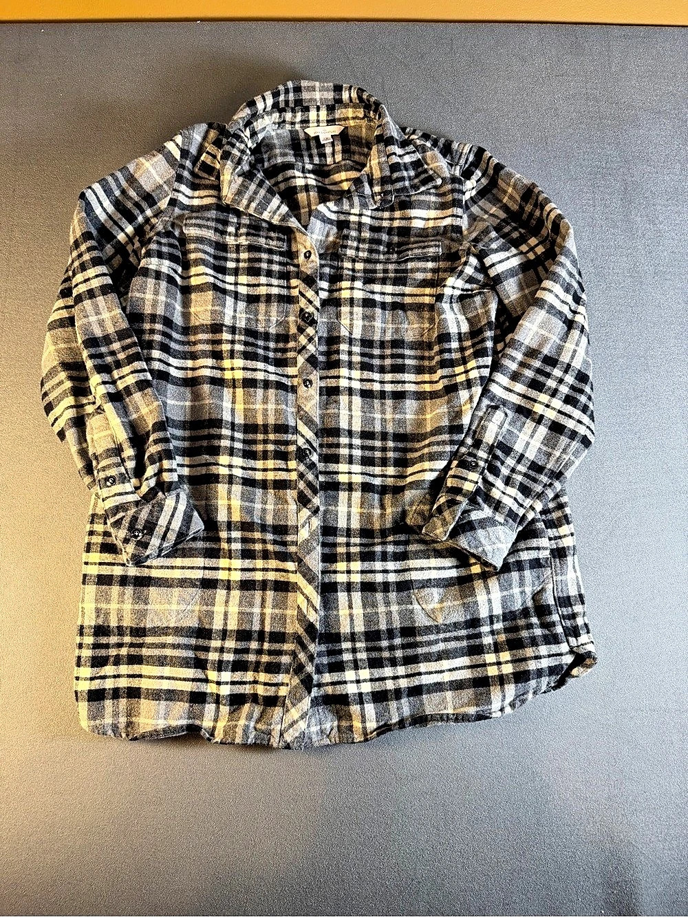 LRL Bean Signature Plaid Button Down Shirt Black & Yellow Large